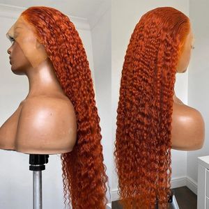 26INCH DEEP WAVE GINGER Orange Lace Frontal Syntetisk Hair Wig För Kvinnor Förpluckade Värmebeständiga Dagliga Pärlor Täthet Curly