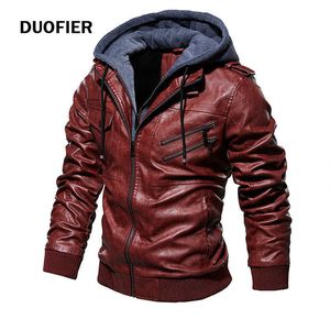 Mäns Läderjacka Höst Vinter Hooded Fur Lined Coat Man Tjock Bomber Jacka med Hood Plus Size Vintage Coat Men Jackor 210603