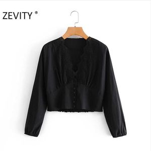 Zevity Women Sexy VネックレースパッチワークカジュアルスモックシャツレディースロングスリーブブラックブラウスRoupas Femininas Tops LS7275 210603