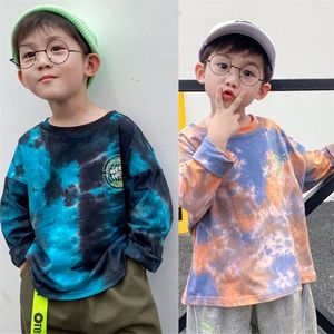 Kinder Lose T-shirt Herbst Neue Kinder Mädchen Kleidung Langarm Tie Dye Stil Tops T-shirts Kleinkind Jungen Übergroßen t-shirt 210306