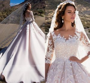 Aラインのウェディングドレス2022半袖プリンセス花嫁のドレスロマンチックなスクープ3Dビーズの花ヴィンテージブライダルガウンローブデマリゲージ