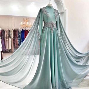 Muslim Long Sleeves Chiffon Formal Evening Dresses With High Neck Lace Appliques Floor Length Arabia Morocco Kaftan Prom Gowns Cape Ribbons Sage Mother Dress
