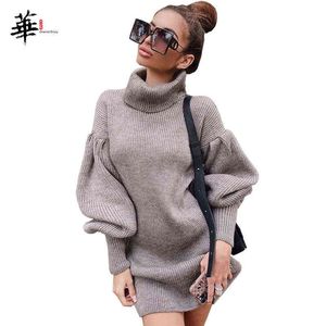 Knitted Sweater Winter Dress Turtleneck Pullover Mini Dress for Women Party Lantern Long Sleeve Dress Women Clothing Femme Robe Y1204