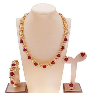Oorbellen ketting sieraden sets bruiloft kristal mode bruids Afrikaans goud kleur armband vrouwen feest rood