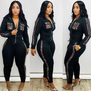 Tuta Donna Leopard Print Splice Lounge Wear Set due pezzi Top e pantaloni Felpe Streetwear Jogging Femme Chandal Mujer Y0625