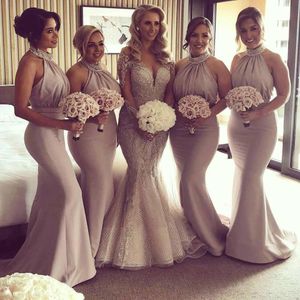 Halter Rabat Mermaid długie sukienki druhny z koralikami Sexy Niski Tylna Maid of Honor Suknie Wedding Party Dress