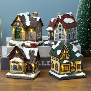 Julplats byhus staty med varmt LED ljus batteri drivs vinter snö landskap harts byggnad miniatyr figurin 211019