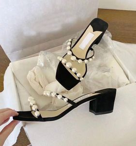 Luxurious Design Amara Women Sandal Pearl Strap Slippers Chunky Heels Mule Square Toe Lady Summer Pumps Dress Party Wedding EU35-43.Box