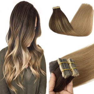 Balayage Invisiable Tape in Extensions Skin Weft Human Hair Ombre Chocolate Brown to Dirty Blonde 100g  40pcs