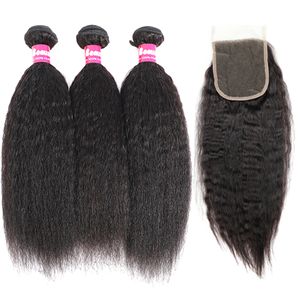 Malaysian kinky straight Hair Bundles With Closure 3 Bundles Malaysian Human Hair Extensions Yaki Straight With 4x4 Lace Closure