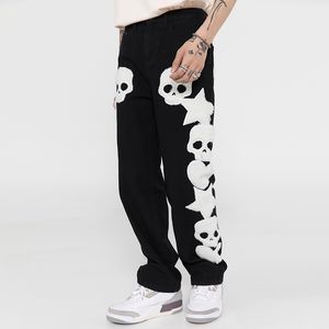 Men's Jeans with Skull and Five Stars Towel Embroidery Ripped Harajuku Vibe Style Streetwear Oversize Casual Denim Trousers