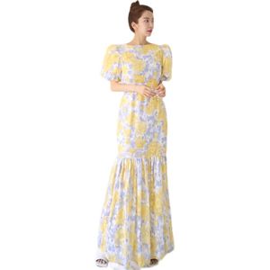 Elegant tryck Maxi Klänning Koreanska Ladies Sexig Gul Kortärmad Cabaret Blommig Party Robe Klänningar för Kvinnor 210602