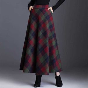 Plaid wysoki talia długie spódnice dla kobiet jesień zima elegancki koreański moda maxi spódnica mama plus size 3xLCASUAL luźna spódnica wełniana 210619