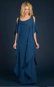 Champagner Marineblau Kleider für die Brautmutter Chiffon Hosenanzug Hochzeit Kleid in Übergröße Perlenbesetzte Rüschen Fließender Mantelboden Len290R