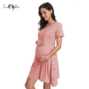 Women's Short Sleeve Maternity Dresses Button Tunic Asymmetrical Pregnancy Dress Casual Brief Mama Maternity Clothes Shirt Dress Q0713