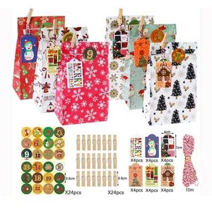 Joybos Christmas Advent 24-Piece Gift Bag Candy Kraft Paper Package Merry Sticker med Clip Chocolate 211104