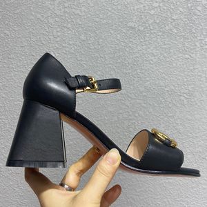 heels Sandals women designer Buckle chunky heel Sliders Shoes High quality Genuine Leather Heeled Womens