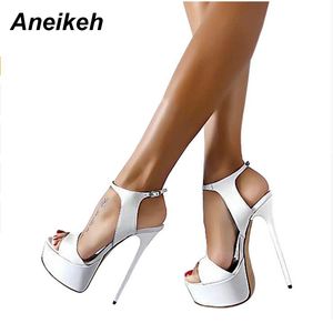 Aneikeh varmförsäljning 2021 Sommarstil Sexig 16cm Kvinnor Sandaler Högklackat Öppna Toe Spännen Nattklubb Party Shoe Black Stor storlek 15 K78