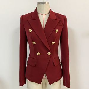 Neuer Stil, Top-Qualität, originelles Design, zweireihiger klassischer Blazer für Damen, schmale Jacke, Blazer mit Metallschnallen, weinroter Blending-Outwear