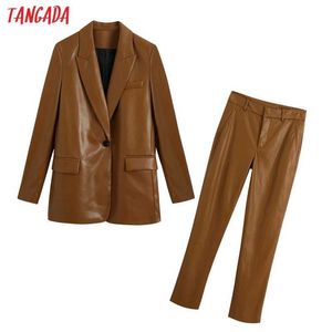 Tangada feminina feminina sólida faux couro blazer terno 2 peça conjunto fêmea jaqueta de colarinho jaqueta de colarinho senhoras blazer pants sets be125 210609
