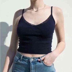 Women V-neck Lightweight Ribbed Cotton Camis Top With Spaghetti Straps And Lace Trimming Female Casual Tank Top Cropped Top G220228