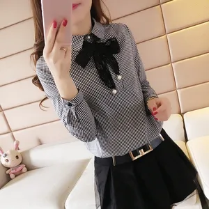 Wzory Kobiety Peter Pan Collar Platforma Blusas Z Długim Rękawem Szyfonowe Bluzki Koszule Lady Casual Wiosna Letnia Styl Topy XXXL