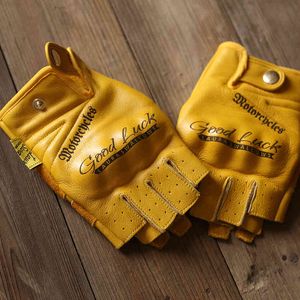 Professional Motorcycle Cycling MTB Road Yellow Top Layer Cowhide Half-finger Gloves Men Women Shooting Breathable S2331