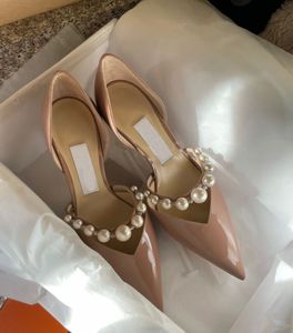Elegante vestido de noiva sapatos de casamento Aurelie Pumps senhora sandálias pérolas alça marcas de luxo dedo do pé pontudo salto alto mulheres andando com caixa, EU35-42