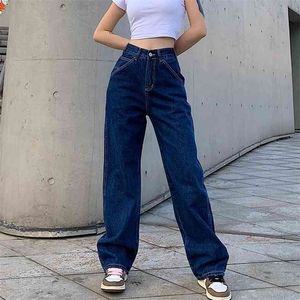 Retro Blue Woman Jeans Causal Loose Baggy High Waist Skinny Pockets Cargo Pants Zipper Button Wide Leg Mujer Pantalones 210809