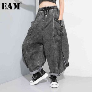 [EAM] Wide Leg Black Big Size Ribbon Stitch Jeans High Waist Loose Women Trousers Fashion Spring Autumn 1D202 211129