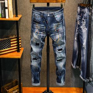 Calça de jeans masculino masculino roupas hip hop streetwear skinny rasgado para tinta elástica slim primavera outono