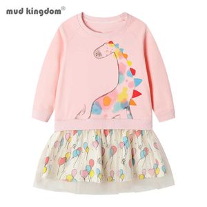 Mudkingdom Ragazze Abito a Maniche Lunghe Cartoon Dinosauro Patchwork Felpa Abiti per Abbigliamento Invernale 2-7 Anni 210615