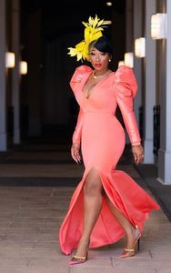 Dorywczo Dresses TSXT 2021 Afrykański Styl Kobiety Pure Color Backless High Waist Skinny Sukienka Seksowna Lady Głęboka V-Neck Rękaw Puff Sleeve Split Maxi