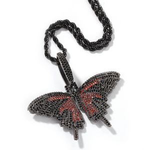 Cool Hip Hop Men Jewelry Black Red Zirconia Butterfly Pendant Necklace with Stainless Steel Twisted Chain