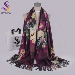 [BYSIFA] Sciarpe da donna con rose viola Sciarpe per l'inverno Nuovo design Caldo lungo Pashmina in cashmere Doppi volti Sciarpe da donna Avvolge Q0828