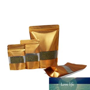 100Pcs Gold Stand Up Aluminum Foil Bags with Window Resealable Lines Zipper Packaging Pouch for Tea Nuts Snack Storage