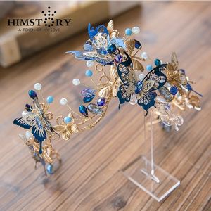 Wholesale unique wedding hair accessories for sale - Group buy New Arrival Unique Designs Baroque Blue Butterfly Crown Headpieces Princess Wedding Dress Handmade Beads Hair Accessories