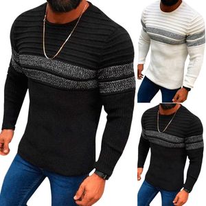 Cafekate Stripe Color Patchwork Pullover Jumper Homens Casual Sweater para Homens Inverno Quente Slim Fit Masculino Sweater Y0907
