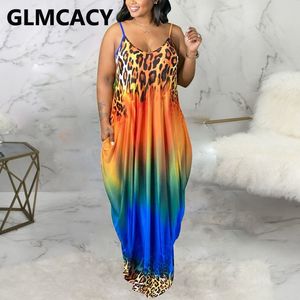 Kobiety Spaghetti Strap Leopard Wydrukowano Casual Loose Maxi Dress 210702