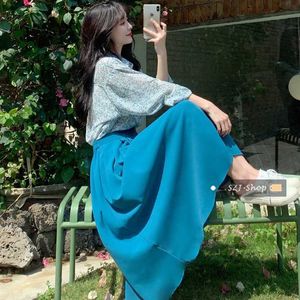 Gentle Vintage Summer Chic Korean All-match A Line High Waist Blue Pleated Skirts Women Slim Yellow Faldas Mujer Fashion 210610