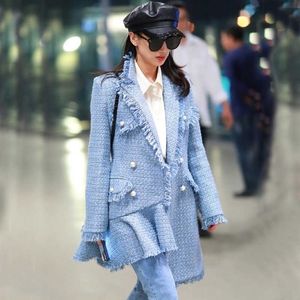 [EWQ] Autumn Sweet Full Sleeve Double Breasted Tweed Coats Korea Style Loose Fashion Trends Slim Women Woolen Coat QZ064 211018