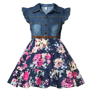 Mädchen Denim Blumenkleid Sommer Partykleid mit Gürtel Kinder Fliegen Kurzarm Freizeitkleidung Baby Mädchen Kinder Mode Outfit 210317