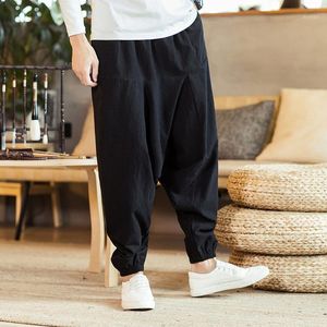 Calças de corrida masculinas casuais soltas de cor pura estilo hip hop Calças masculinas de comprimento de algodão e linho Cargo Pantalon Homme