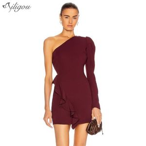 High Quality Women's Burgundy Fishnet One Shoulder Long Sleeve Ruffle Sexy Mini Bandage Celebrity Party Dress Vestidos 210525