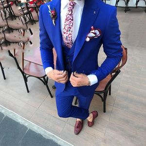 Klasyczny jeden przycisk Royal Blue Wedding Groom Tuxedos Peak Lapel Groomsmen Mężczyźni Formalne Prom Garnitury Oblubienia (Kurtka + Spodnie + Kamizelka)