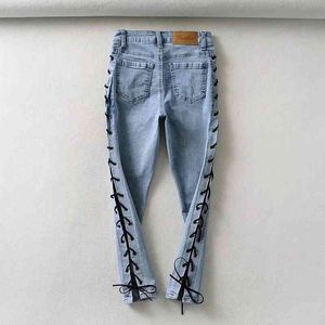 women's summer jeans high waist sexy hip denim pants side cross tie rope trousers nine-point 210531