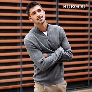 Kuegou 100% Bomull Höst Winter Clothing Mens Sweater Semi-High Collar Fashion Semi-Placket Turtleneck Top Plus Size AZ-32007 211221