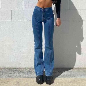 Streetwear Striped Blue Y2K Flare Jeans для девочек Женщина Винтаж Джинсовые Брюки Женщины Высокий Талированный Брюки Capris 210623