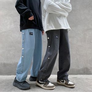 Unisex solta jeans reta 2021 homem cor sólida coreano streetwear denim calças mulher casual hip hop