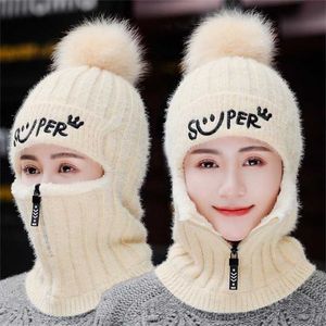 Kadın Kış Örme Şapka Ekle Kürk Astarlı Sıcak Kadınlar için Fermuar Ile Yüz Sıcak Tutmak Balaclava Ponpon Cap 211228